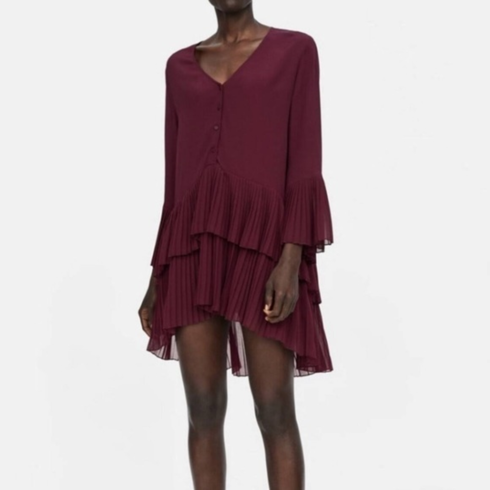 Zara Woman Burgundy Pleated Tiered Ruffle Mini Dress V-Neck Bell Sleeve‎ Small